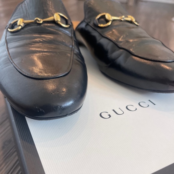 Authentic GUCCI PRINCETOWN LEATHER SLIPPER slides mules black gold 38.5 loafers - Picture 4 of 16